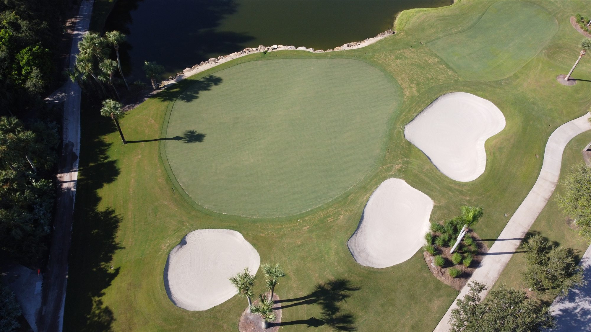 Overhead view of completed green and bunker work at Orchid Island Golf & Beach Club